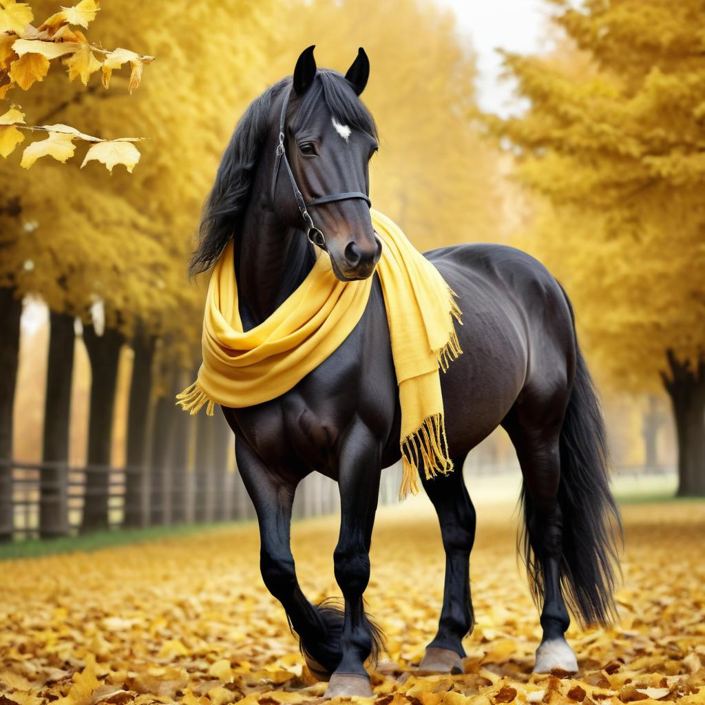 hyperrealistic autumn art of friesian horse in a yellow scarf, highly detailed and lifelike.