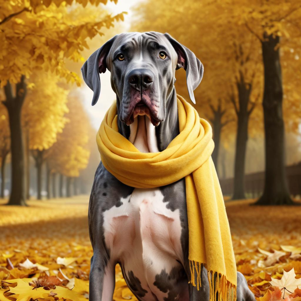 hyperrealistic autumn art of great dane in a yellow scarf, highly detailed and lifelike.