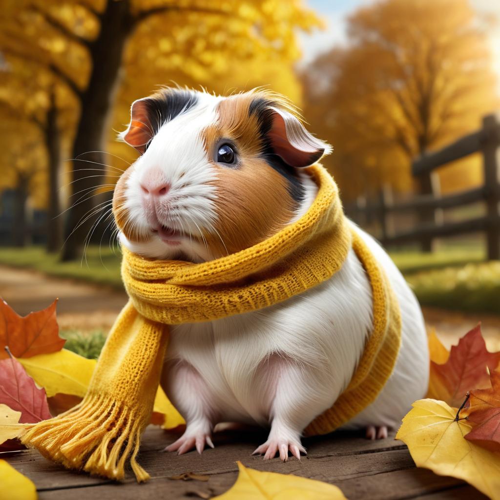 hyperrealistic autumn art of texel guinea pig in a yellow scarf, highly detailed and lifelike.