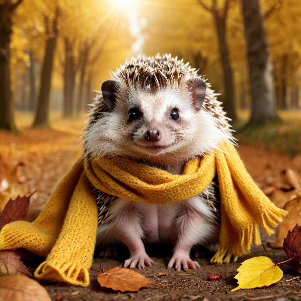 hyperrealistic autumn art of european hedgehog in a yellow scarf, highly detailed and lifelike.