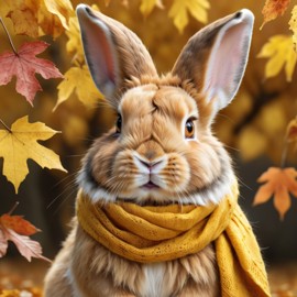 hyperrealistic autumn art of lionhead rabbit in a yellow scarf, highly detailed and lifelike.