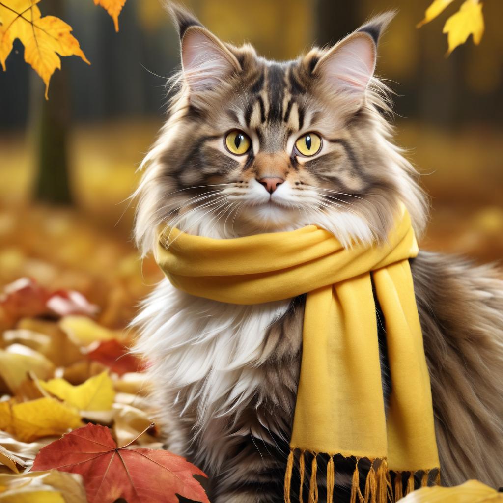 hyperrealistic autumn art of norwegian forest cat cat in a yellow scarf, highly detailed and lifelike.