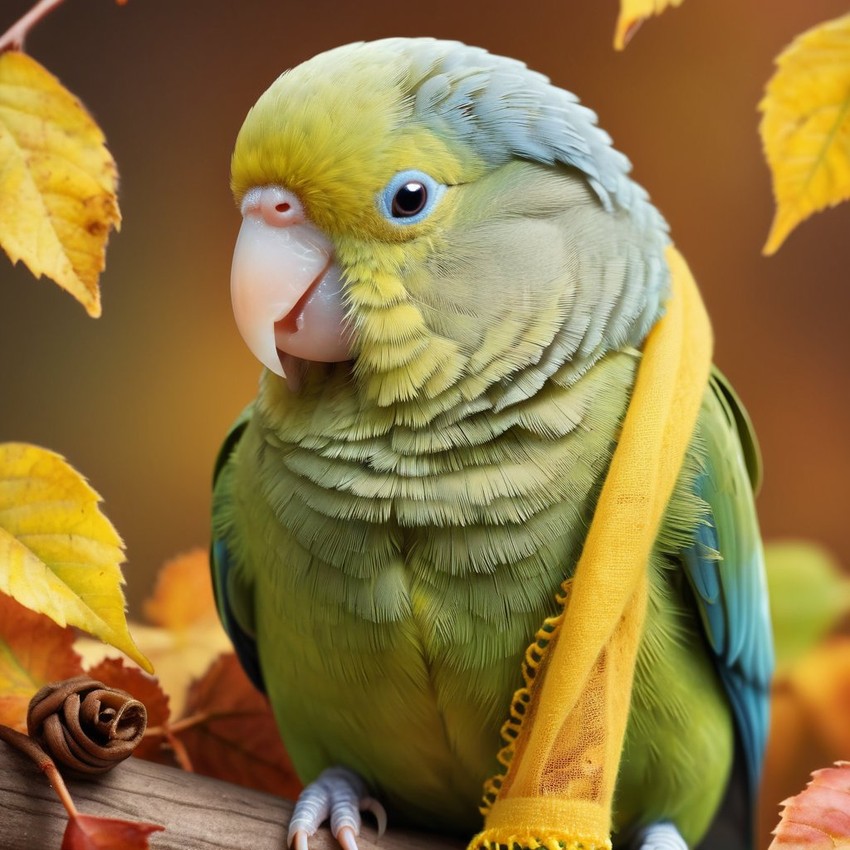 hyperrealistic autumn art of parrotlet bird in a yellow scarf, highly detailed and lifelike.