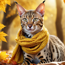 hyperrealistic autumn art of savannah cat in a yellow scarf, highly detailed and lifelike.