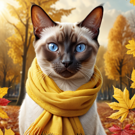 hyperrealistic autumn art of siamese cat in a yellow scarf, highly detailed and lifelike.