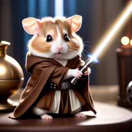 winter white russian dwarf hamster as a jedi knight, featuring a lightsaber and a star wars environment in a high-detail, epic style.