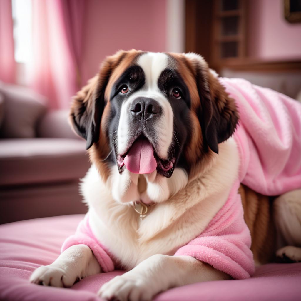 saint bernard dressed in pink clothing, in a beautiful pink scene, radiating joy and cuteness.