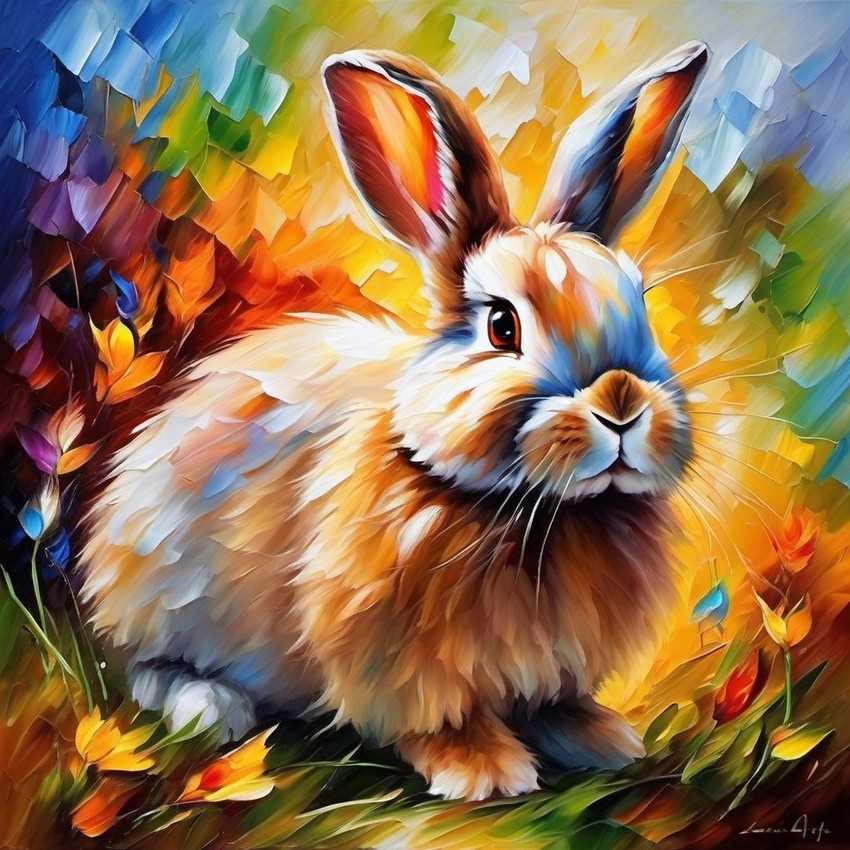 knife oil painting of american fuzzy lop rabbit in the style of leonid afremov and degas, featuring vibrant, textured brushstrokes.