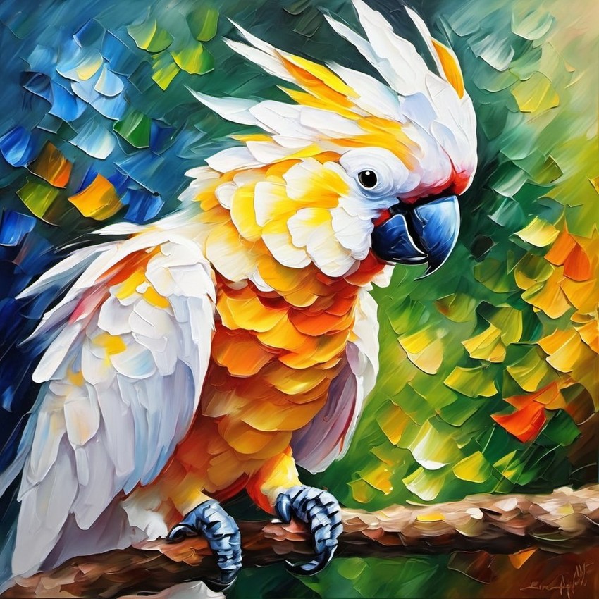 knife oil painting of cockatoo bird in the style of leonid afremov and degas, featuring vibrant, textured brushstrokes.