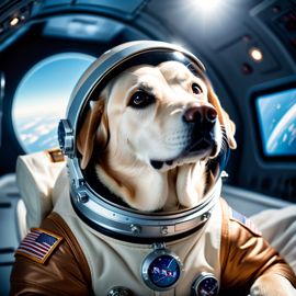 labrador retriever as astronaut in space, wearing spacesuit, with spacestation background.