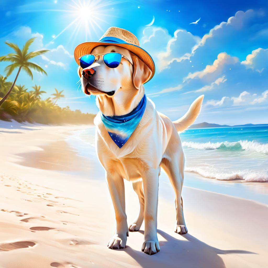 labrador retriever on a beach with white sand and blue sea, wearing sunglasses and summer hat.