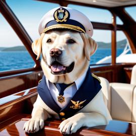 labrador retriever as a captain on a luxury yacht, wearing captain uniform, highly detailed.