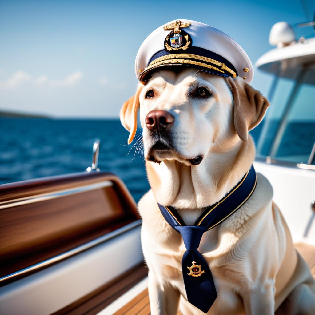 labrador retriever as a captain on a luxury yacht, wearing captain uniform, against a blue sea.