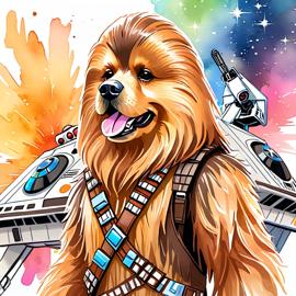 watercolor painting of labrador retriever as chewbacca from star wars, in a star wars environment, vibrant and detailed.