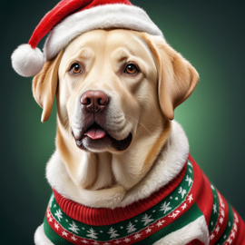 labrador retriever in a christmas sweater and santa hat, lifelike and festive.