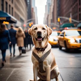 labrador retriever in new york, dressed in classy clothing, against an iconic nyc backdrop with a cinematic, high-detail style.