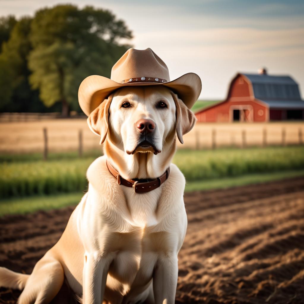 labrador retriever as a cowboy wearing a hat, in the midwest countryside, on a farm.