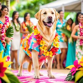 labrador retriever strutting down the fashion show catwalk stage in a vibrant hawaiian shirt and a floral lei, high energy and joyful.