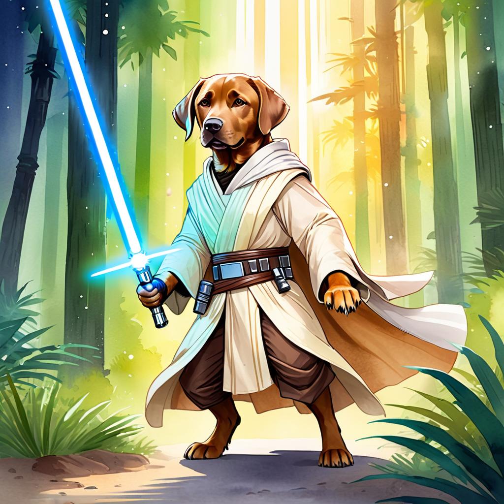 watercolor painting of labrador retriever as a jedi knight, holding a lightsaber with a star wars backdrop in a vibrant, detailed style.