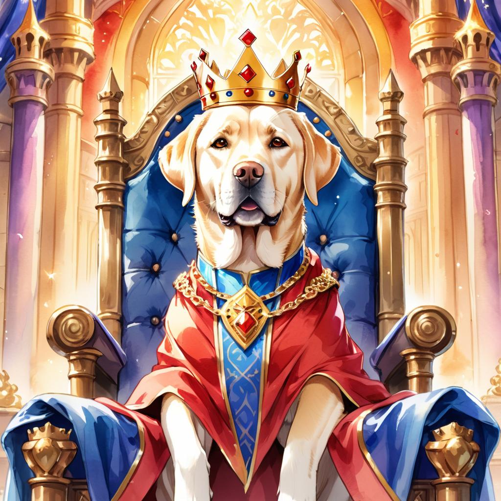 watercolor painting of labrador retriever as a king in a magical castle, wearing a crown and robe, seated on a throne.