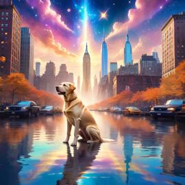 labrador retriever in new york depicted in ethereal fantasy art, with a magical and celestial backdrop.