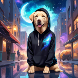 labrador retriever in a black hoodie, set in a magical urban environment with a celestial and cute appearance.