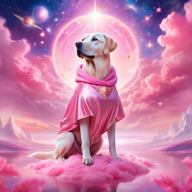 labrador retriever in pink clothing, set in a beautiful pink scene with a dreamy, magical vibe.