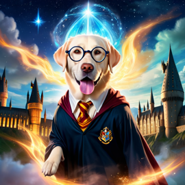 labrador retriever as harry potter, with glasses and a magical hogwarts setting, evoking a celestial and epic feel.