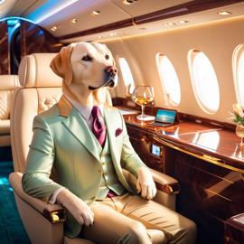 labrador retriever in a gulfstream private jet, dressed in elegant clothing, capturing a posh and magical moment.