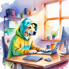 watercolor illustration of labrador retriever as a programmer, working on a laptop in a hoodie, capturing a cute and vibrant scene.