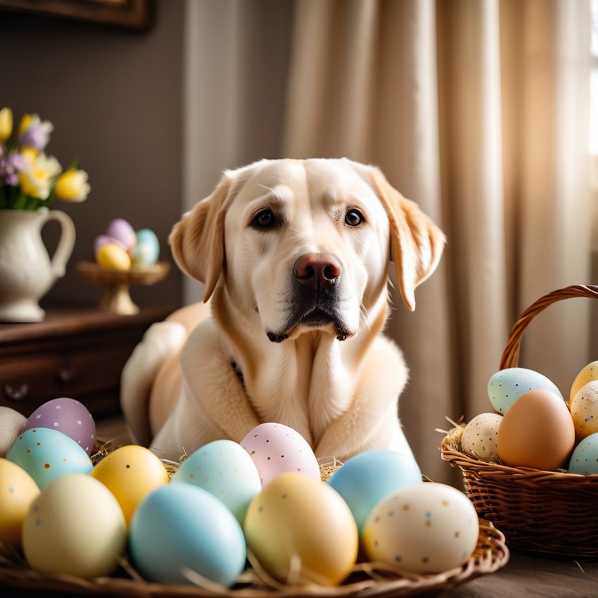 labrador retriever in a beautiful easter setting with colorful eggs, highly detailed and charming.