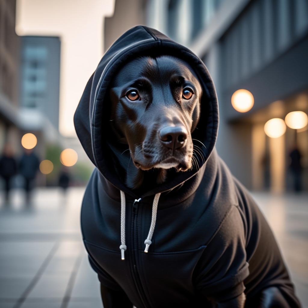 labrador retriever in a black hoodie, set against a modern urban backdrop, emphasizing a stylish and trendy look.