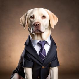 professional headshot of labrador retriever wearing a stylish suit for a cv or linkedin, studio photo.