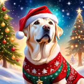 labrador retriever in a christmas sweater and santa hat, ethereal and magical.