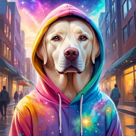 labrador retriever in a colorful hoodie, with a magical urban background highlighting a cute and happy vibe.