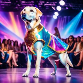 labrador retriever strutting down the fashion show catwalk stage in an extravagant cosmic-themed outfit with iridescent fabrics, high energy and extravagant.