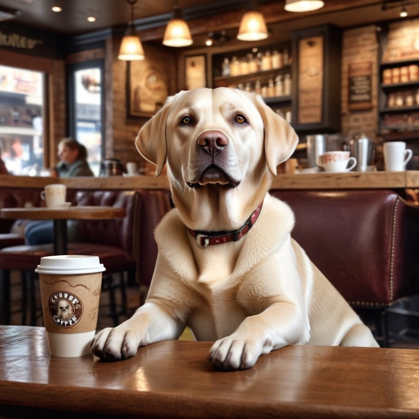 labrador retriever sitting in a cozy coffee shop, lifelike and detailed.