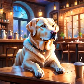 labrador retriever sitting in a cozy coffee shop, ethereal and magical.