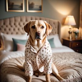 labrador retriever in cute pyjamas, relaxing in a beautiful posh bedroom, highlighting happiness and coziness.