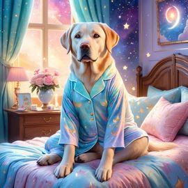 labrador retriever in cute pyjamas, relaxing in a posh bedroom, capturing an ethereal and happy moment.