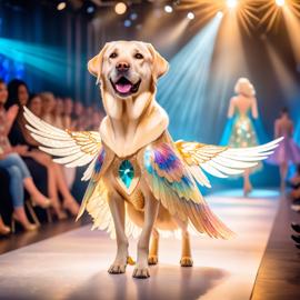 labrador retriever strutting down the fashion show catwalk stage in a magical fairytale dress with glittering wings, high energy and magical.