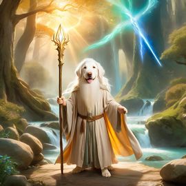 labrador retriever as gandalf, with a white beard and magical surroundings, ethereal and majestic.