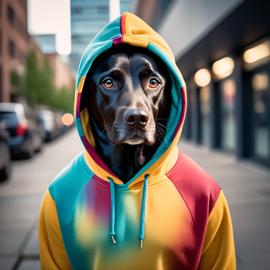 labrador retriever in a colorful hoodie, set in a modern urban environment with a stylish and trendy vibe.