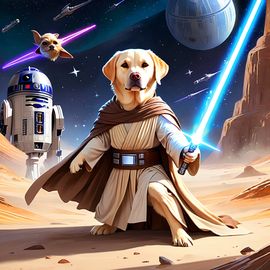 labrador retriever as a jedi knight, with a lightsaber and star wars backdrop in a celestial, painterly style.