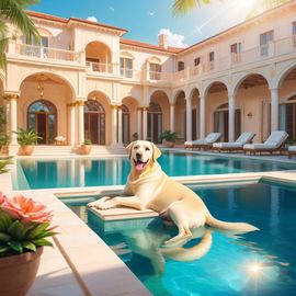 labrador retriever suntanning next to a luxurious villa pool, capturing a posh and magical moment.