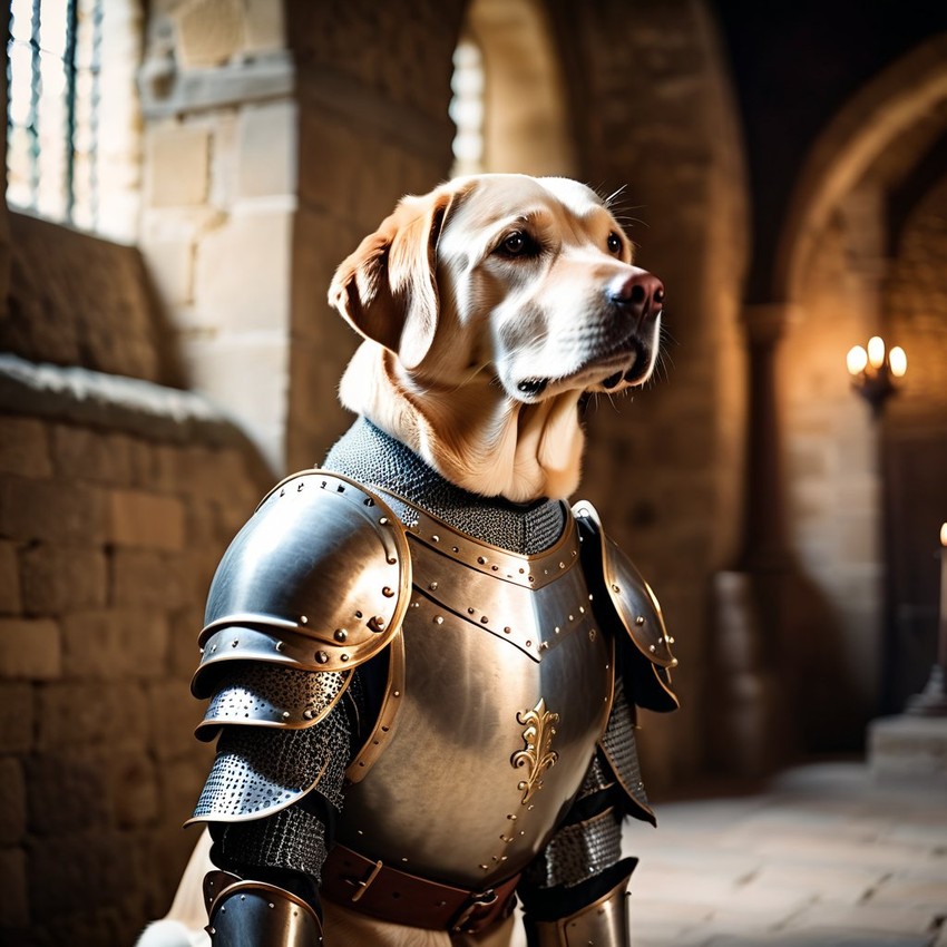 labrador retriever as a medieval knight in a cinematic film still, detailed armor, set in a grand medieval castle.