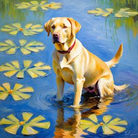 labrador retriever in the style of monet, featuring delicate brush strokes and a classic, artistic appearance.