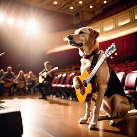 labrador retriever as a musician playing guitar in a cinematic concert hall, capturing dynamic and high-energy performance.