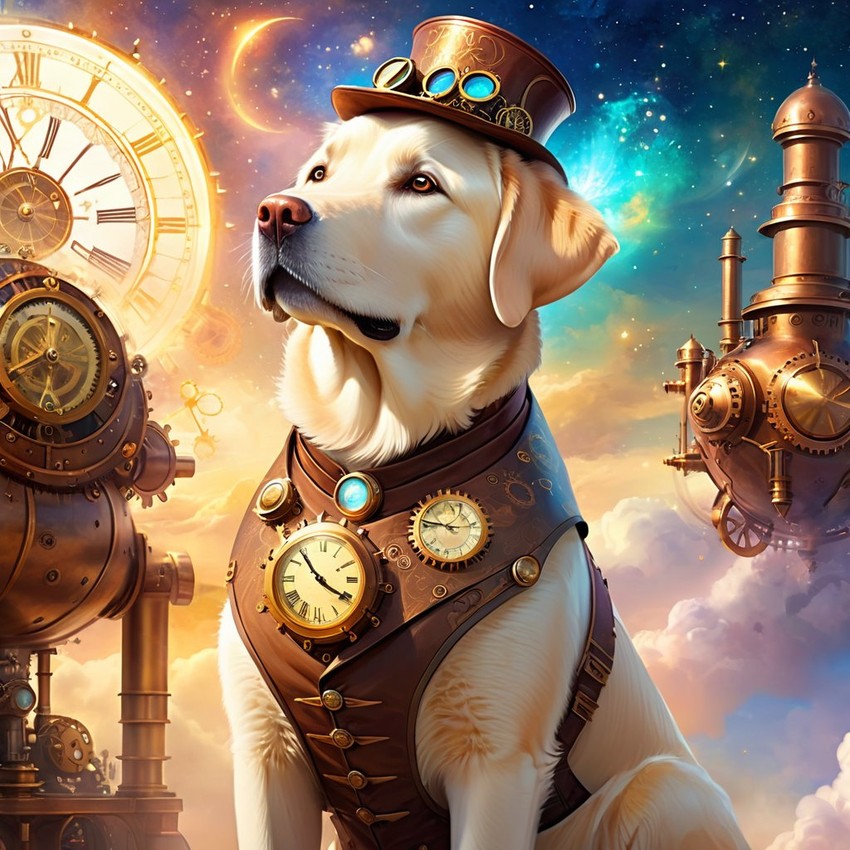 labrador retriever in a steampunk style, cute and happy, with a magical and painterly quality.