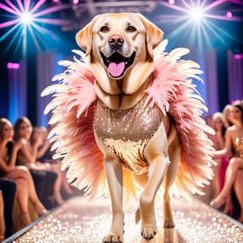 labrador retriever strutting down the fashion show catwalk stage in a sparkling sequined dress with a feathered boa, high energy and dramatic.